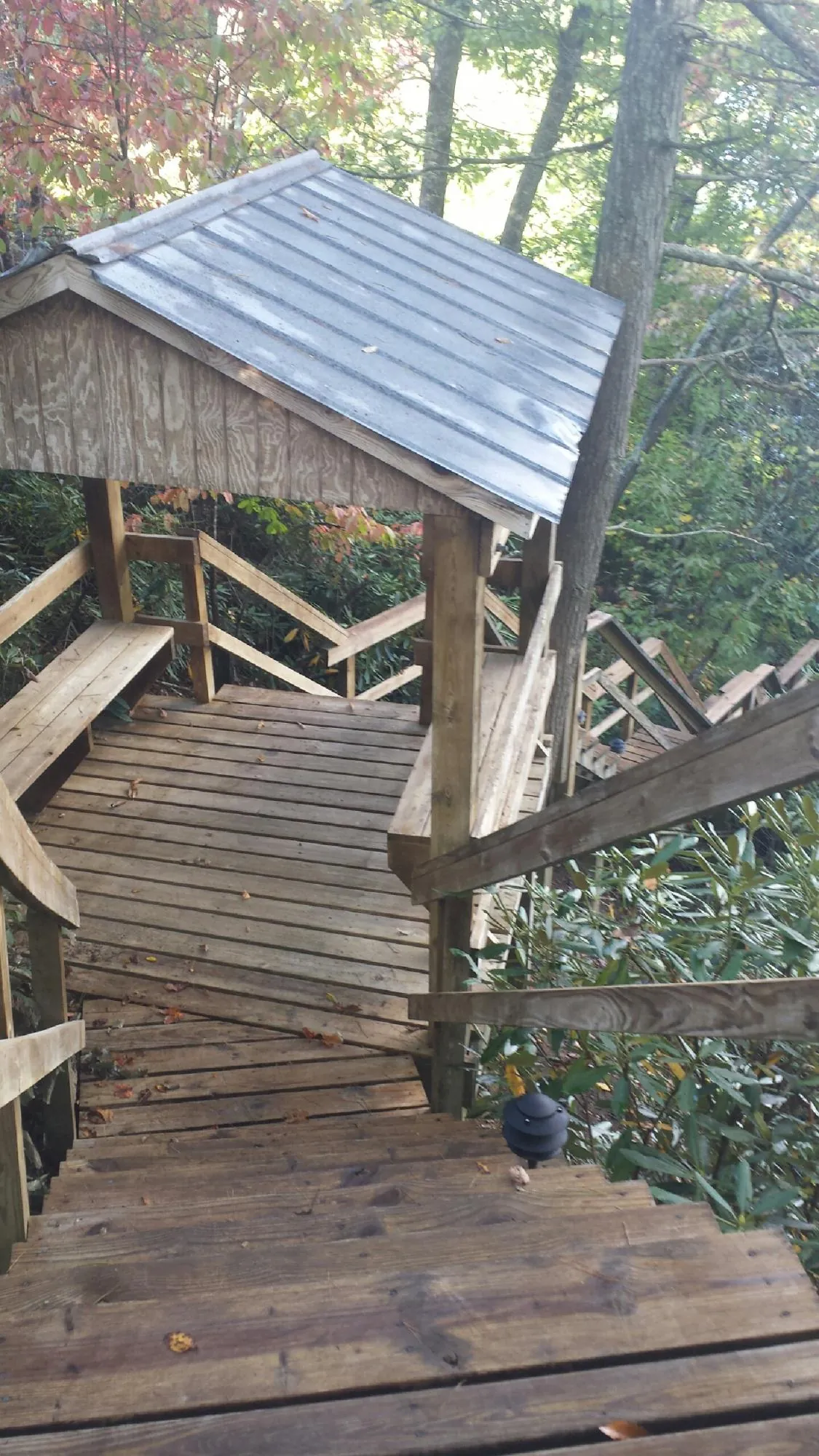 Metal roofed shelter over wooden steps on a wooded walkway — Skylight Repair & Installation work by our crew in Marthasville
